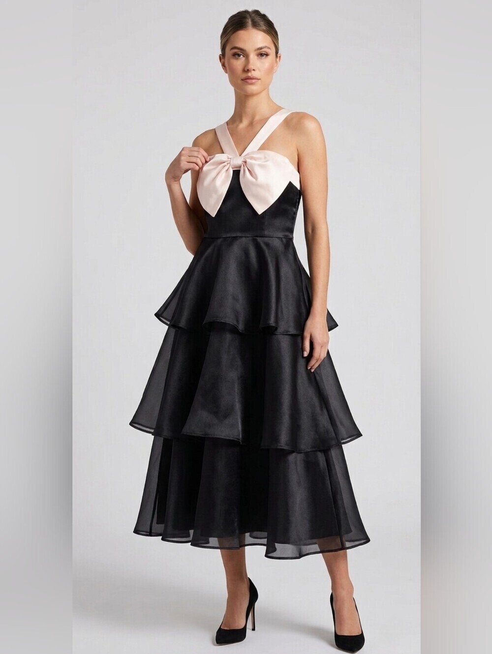 Lulus Untamed Elegance Black and Cream Bow Organza Tiered Midi Dress NWT - Small